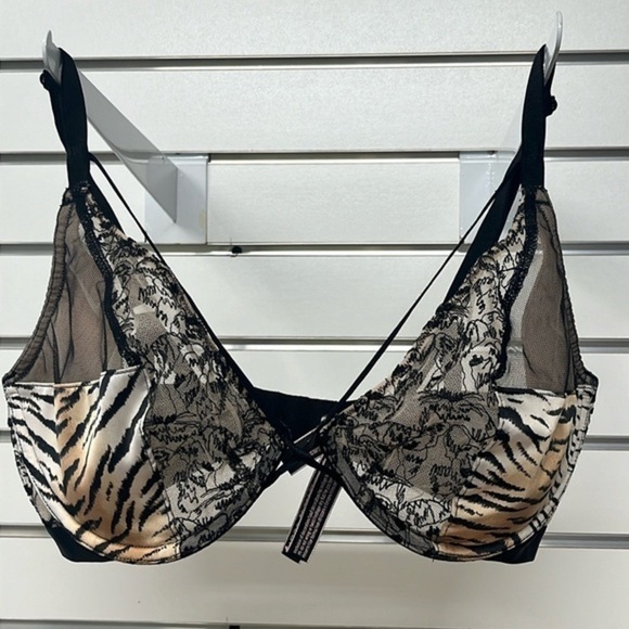Victorias Secret RARE SEXY‎ Strappy Push Up Bra Tiger Animal Mesh Lace 34 DD - Picture 2 of 5